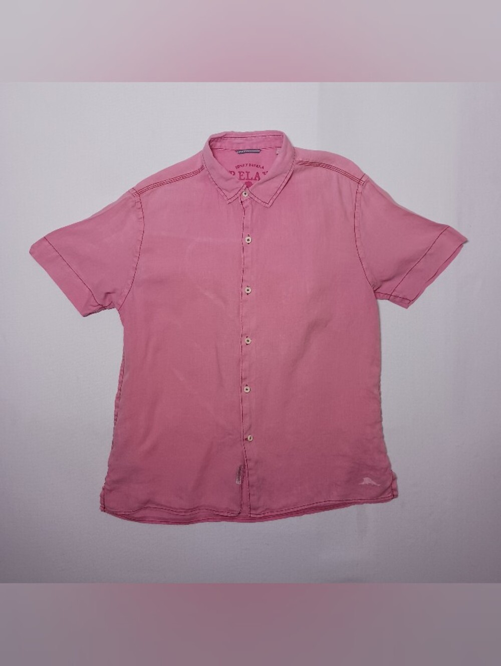 Tommy Bahama Relax Mens Linen Button Up Shirt Large Pink Short Sleeve